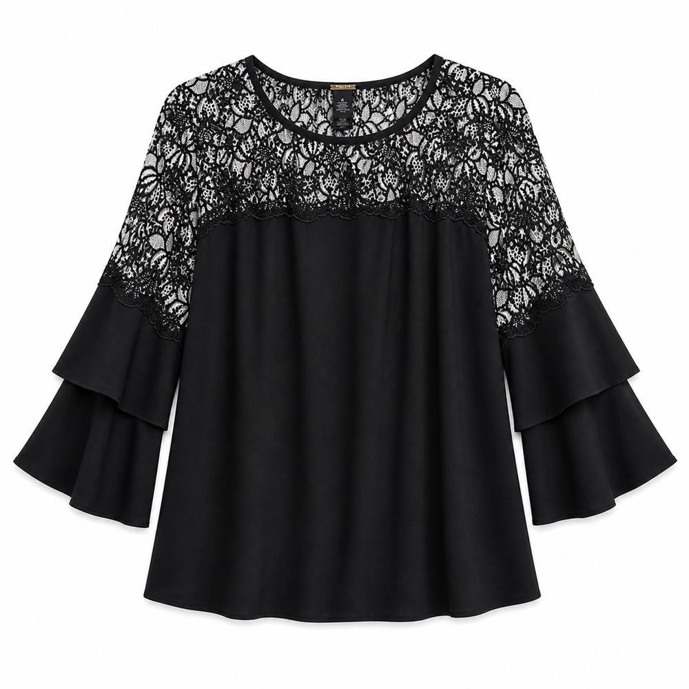 Chico's Black Label Lace Yoke Blouse Black White XL Flowy Chic
